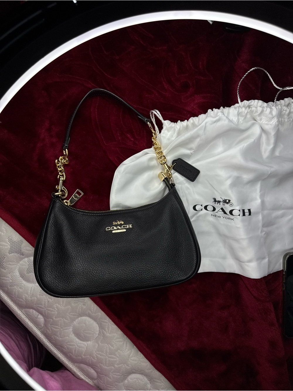 Coach Terri Black Pebbled Leather Shoulder Bag with Gold Hardware